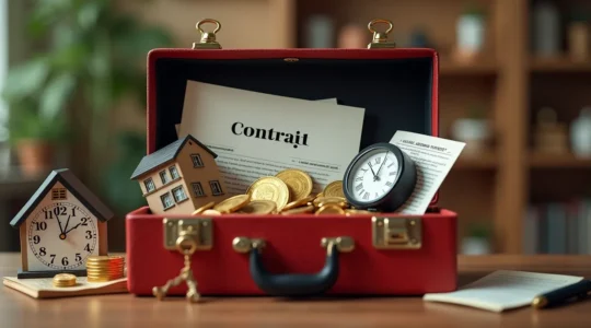 Une boîte à outils ouverte contenant des objets symbolisant la finance, la protection et la transmission de patrimoine