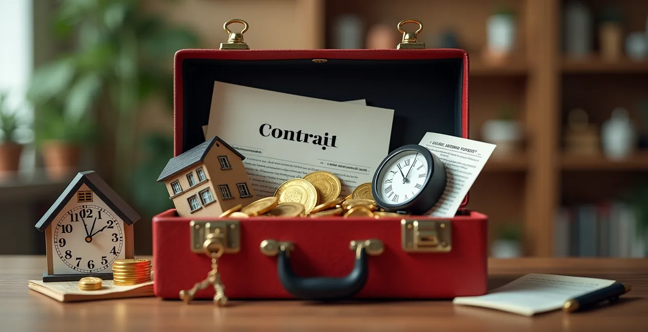 Une boîte à outils ouverte contenant des objets symbolisant la finance, la protection et la transmission de patrimoine