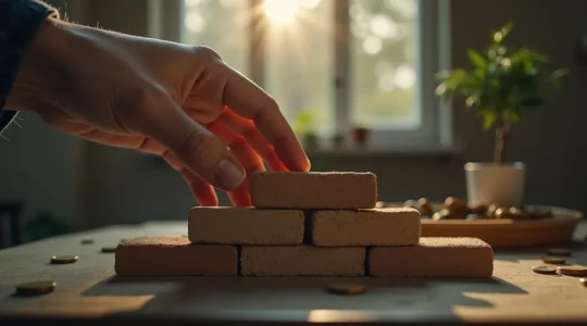 Illustration symbolique d'une main construisant patiemment un mur de briques représentant la construction progressive de l'avenir financier