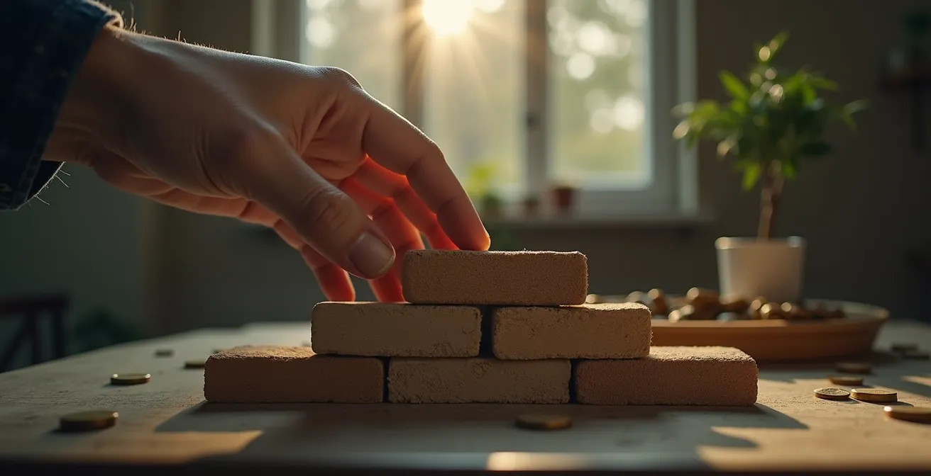 Illustration symbolique d'une main construisant patiemment un mur de briques représentant la construction progressive de l'avenir financier