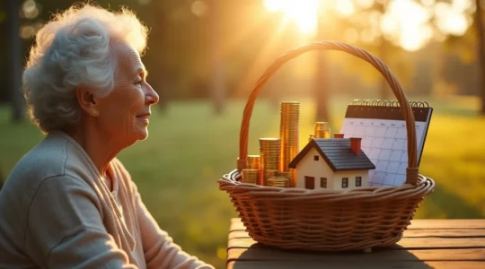 Une personne senior sereine qui contemple un ensemble d'icônes symbolisant des sources de revenus complémentaires diverses, incluant l'immobilier, la rente viagère, les placements financiers, et des conseils fiscaux.