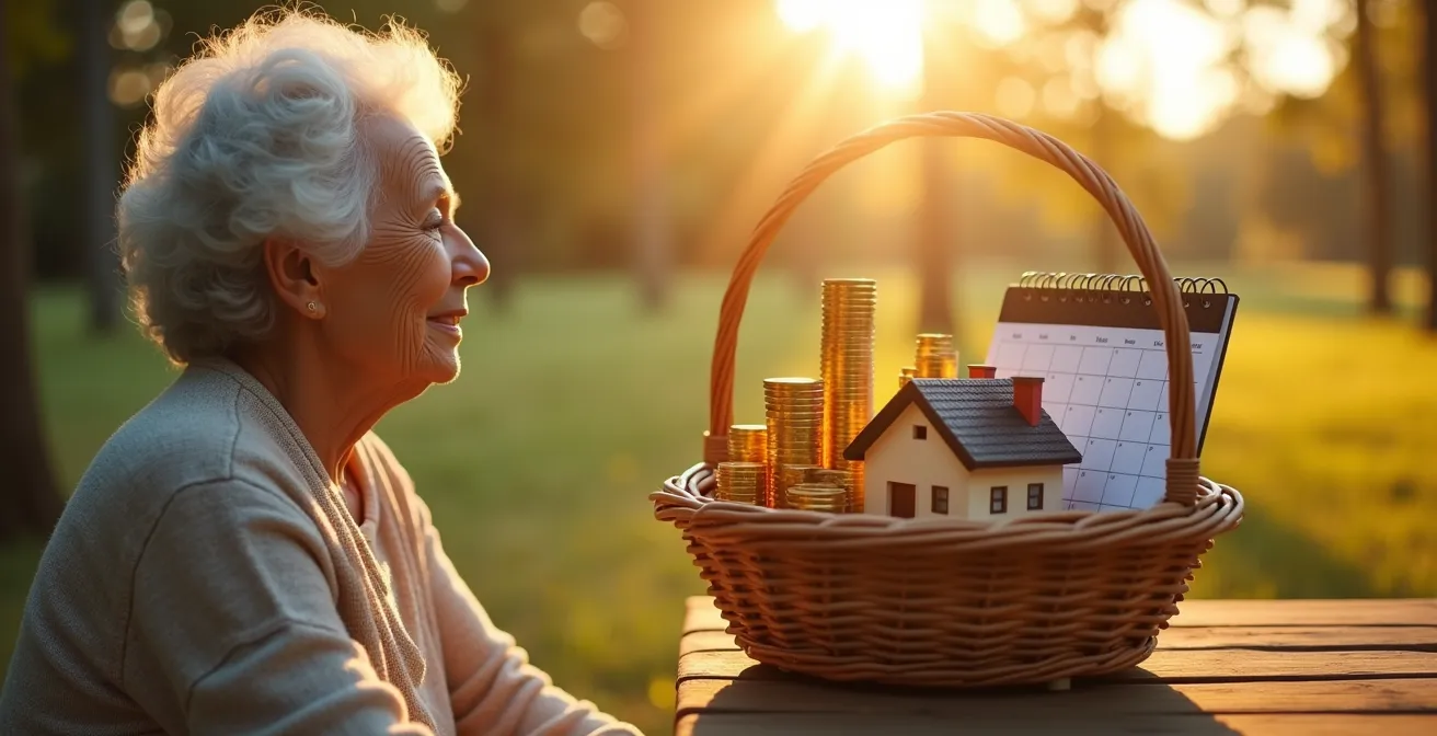 Une personne senior sereine qui contemple un ensemble d'icônes symbolisant des sources de revenus complémentaires diverses, incluant l'immobilier, la rente viagère, les placements financiers, et des conseils fiscaux.