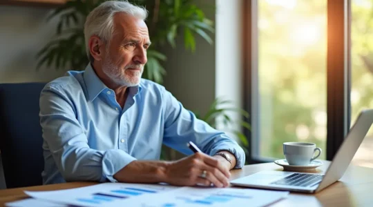 Illustration symbolique montrant un senior serein analysant ses placements financiers avec des graphiques et des documents financiers, mettant en avant la notion de gestion intelligente et sécurisée pour la retraite