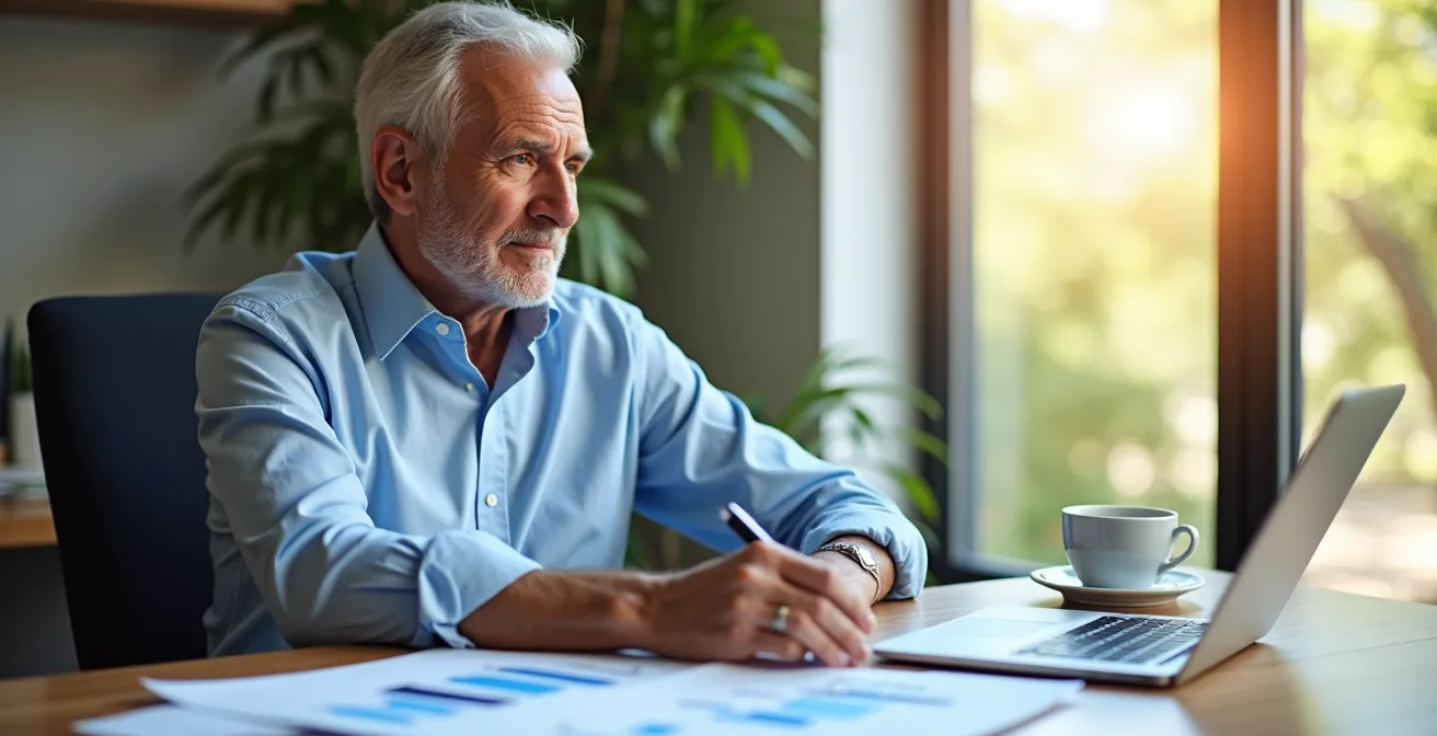 Illustration symbolique montrant un senior serein analysant ses placements financiers avec des graphiques et des documents financiers, mettant en avant la notion de gestion intelligente et sécurisée pour la retraite