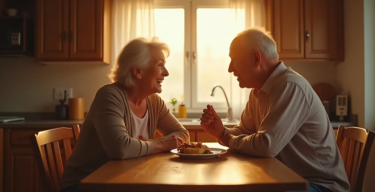 Illustration humaine montrant un couple de seniors souriants en pleine discussion autour d'une table lumineuse à la maison, symbolisant une communication harmonieuse