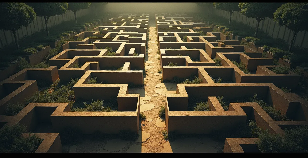 Visualisation symbolique d’un labyrinthe complexe représentant les régimes de retraite en France