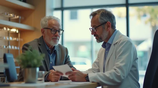 Une image représentant un senior consultant son ordonnance avec un opticien entouré de différentes paires de lunettes modernes dans une boutique élégante
