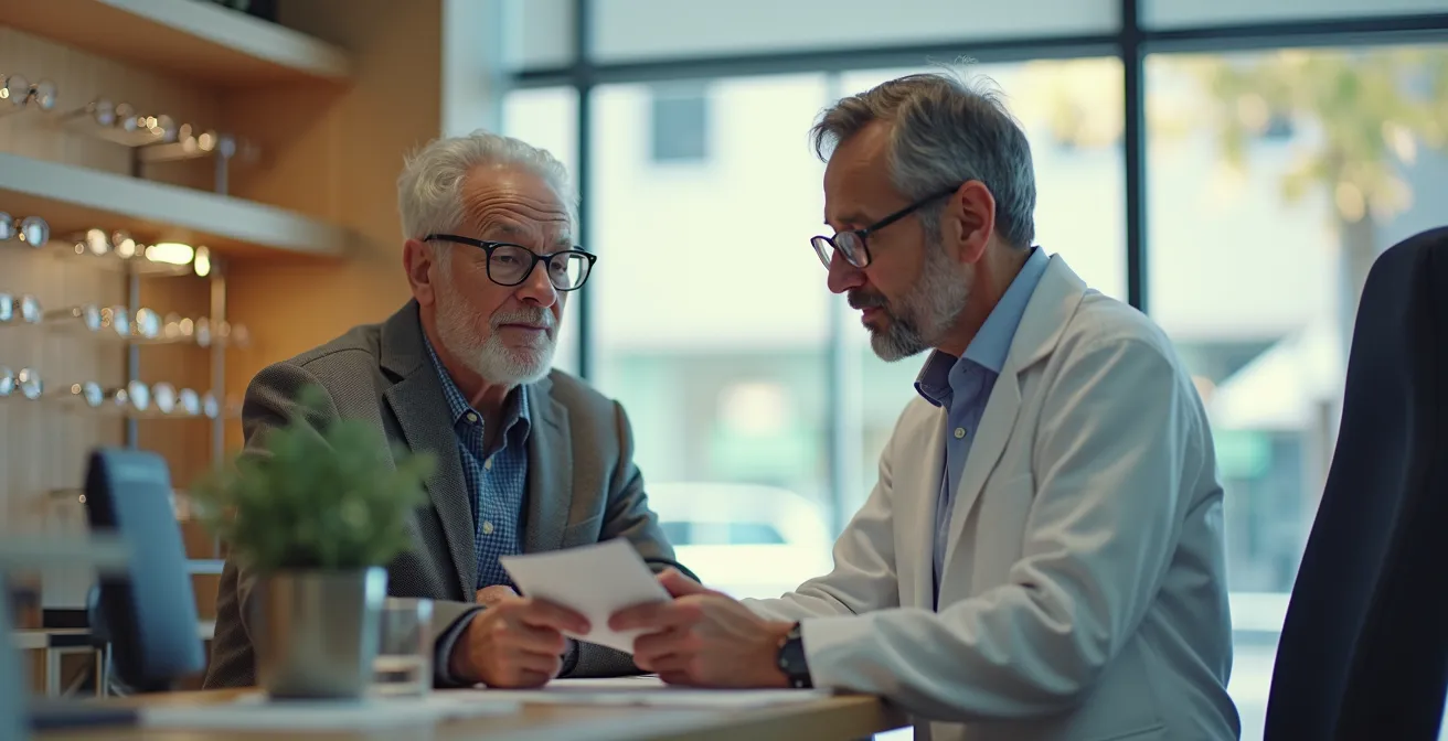 Une image représentant un senior consultant son ordonnance avec un opticien entouré de différentes paires de lunettes modernes dans une boutique élégante