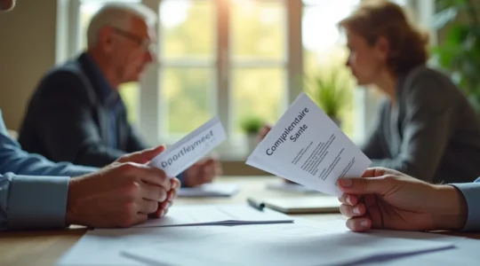 Une illustration représentant une personne senior examinant ses factures de mutuelle santé avec un conseiller, symbolisant la gestion financière et l'optimisation des coûts de la complémentaire santé.