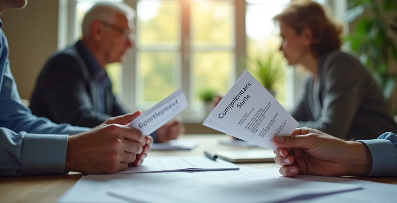 Une illustration représentant une personne senior examinant ses factures de mutuelle santé avec un conseiller, symbolisant la gestion financière et l'optimisation des coûts de la complémentaire santé.