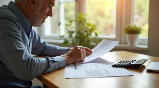 Personne âgée assise à une table avec calculatrice et documents financiers, symbolisant l'estimation de la pension de retraite