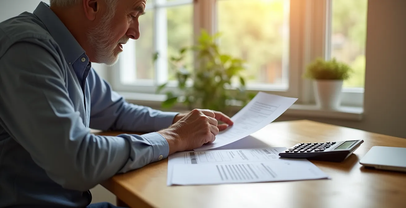 Personne âgée assise à une table avec calculatrice et documents financiers, symbolisant l'estimation de la pension de retraite