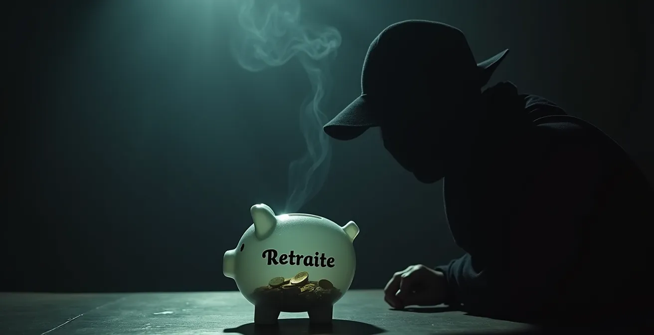 Représentation symbolique d'un voleur à l'ombre volant des pièces autour d'une tirelire symbolisant la retraite