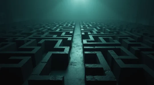 Représentation symbolique d'un labyrinthe complexe avec des panneaux indicateurs menant à différentes caisses de retraite, illustrant la complexité du système français.