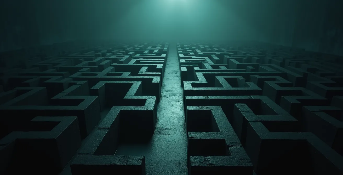 Représentation symbolique d'un labyrinthe complexe avec des panneaux indicateurs menant à différentes caisses de retraite, illustrant la complexité du système français.