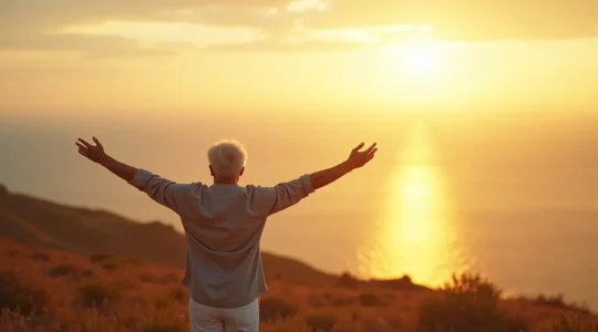 Une scène symbolique illustrant la liberté financière à la retraite avec une personne senior sereine profitant d'un paysage ouvert et dégagé symbole de liberté