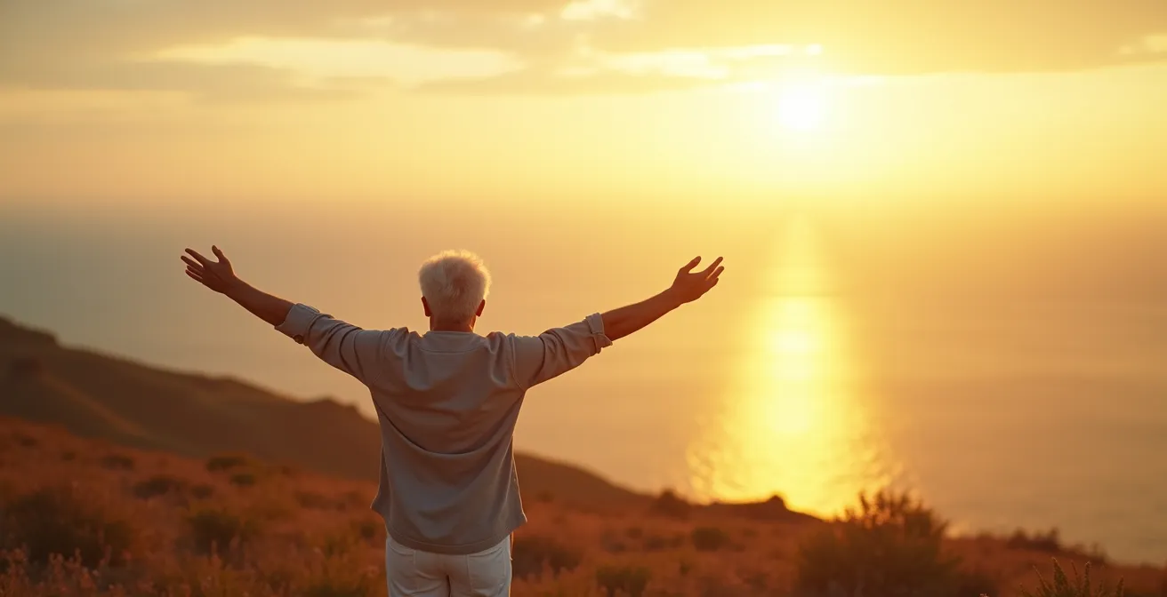 Une scène symbolique illustrant la liberté financière à la retraite avec une personne senior sereine profitant d'un paysage ouvert et dégagé symbole de liberté