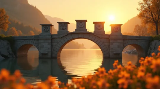 Illustration symbolique d'un pont reliant deux rives, représentant la transition vers la retraite, avec cinq piliers marqués par des icônes représentant l'âge, les finances, la santé, les relations et les passions.