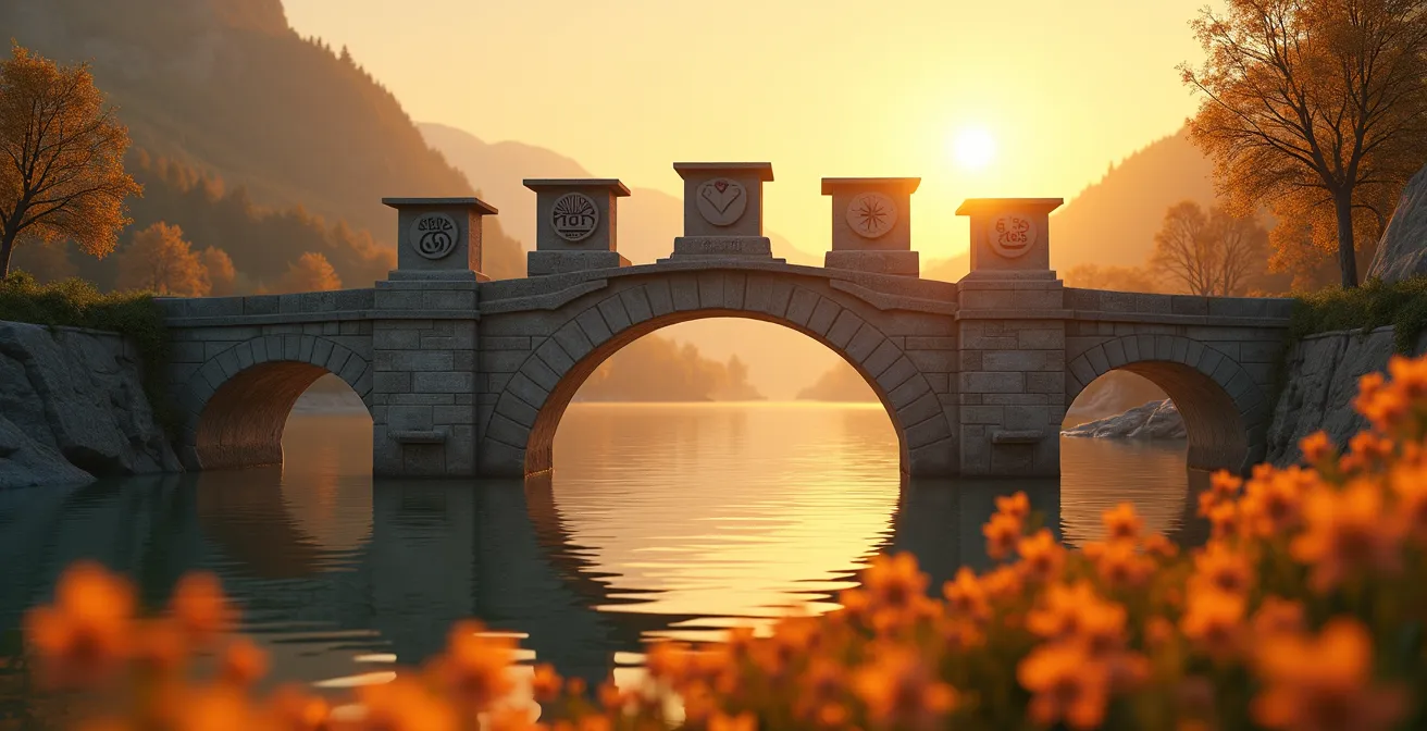 Illustration symbolique d'un pont reliant deux rives, représentant la transition vers la retraite, avec cinq piliers marqués par des icônes représentant l'âge, les finances, la santé, les relations et les passions.