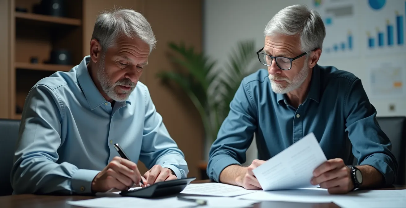 Illustration comparant visuellement une mutuelle individuelle et un contrat associatif pour seniors, avec des graphiques et documents financiers mis en avant.