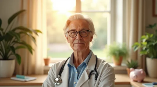 Une illustration symbolique représentant une personne senior sereine entourée d'éléments symbolisant la santé, la protection financière et la tranquillité d'esprit.