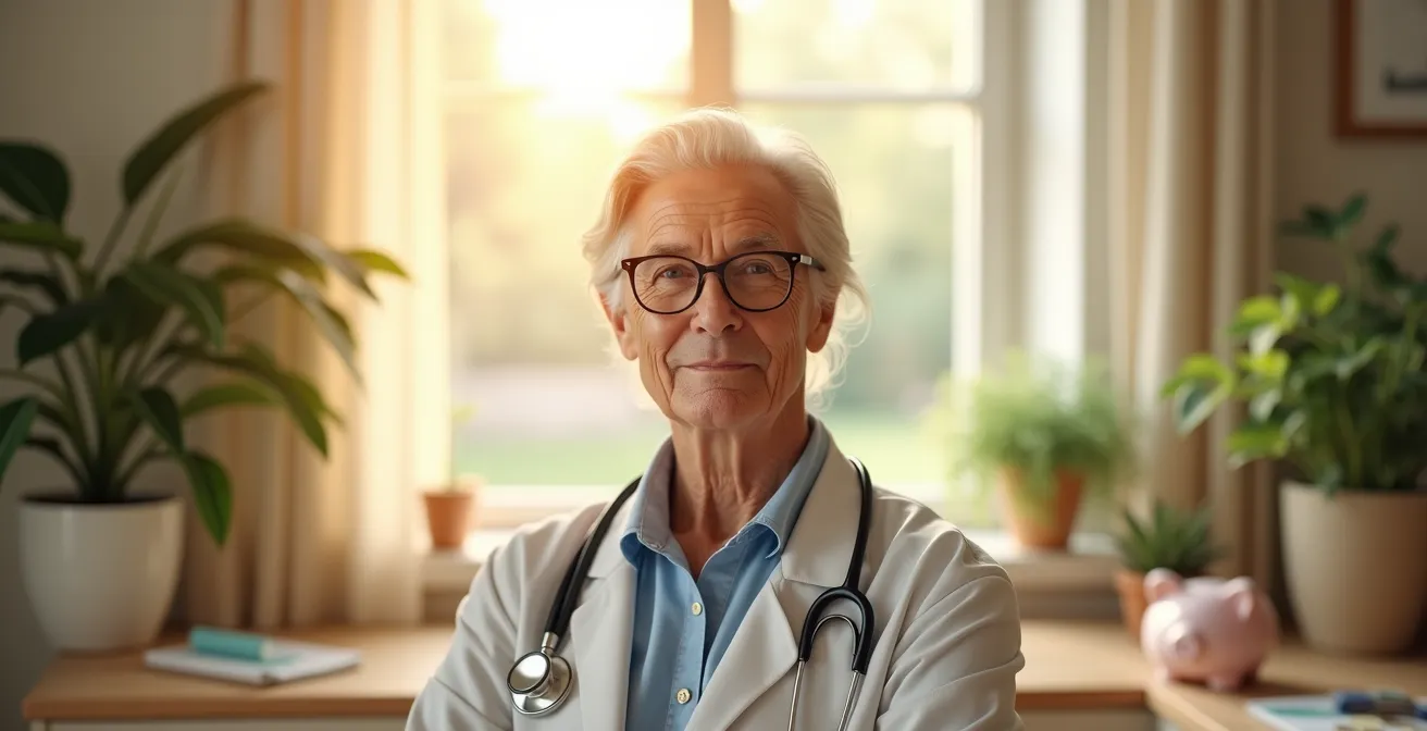 Une illustration symbolique représentant une personne senior sereine entourée d'éléments symbolisant la santé, la protection financière et la tranquillité d'esprit.