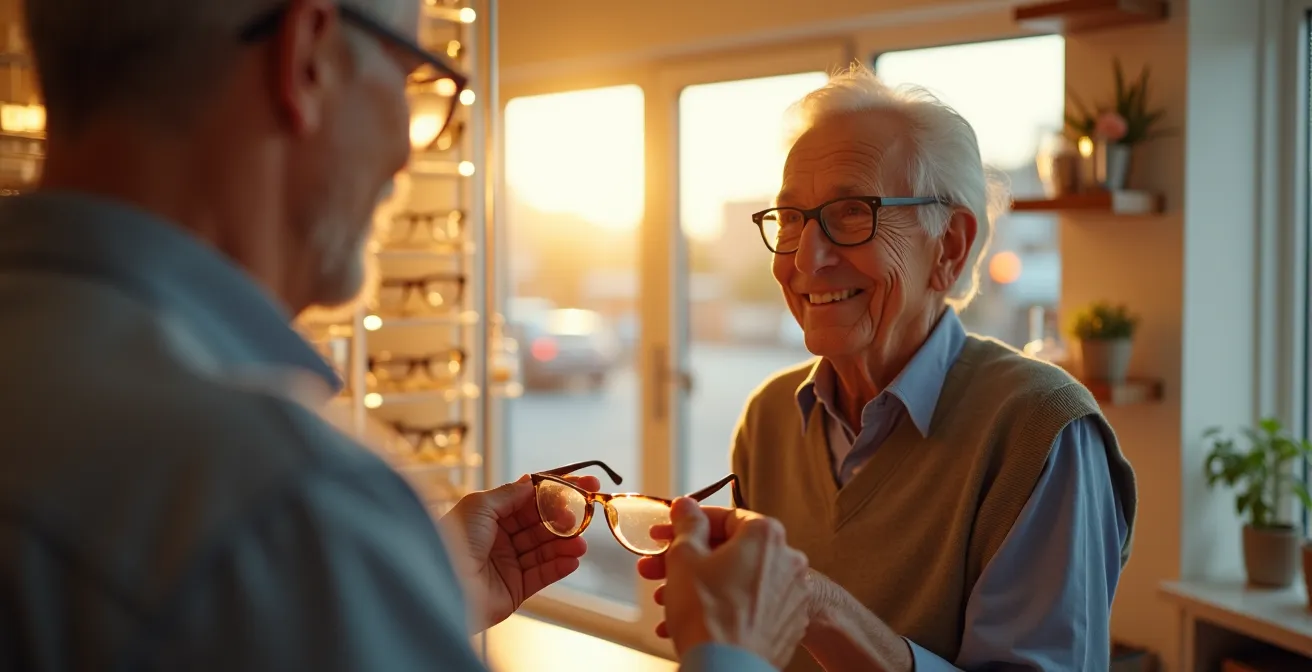 Illustration d’un senior avec un opticien recevant une paire de lunettes étiquetée 100% santé, symbolisant le parcours simple et accessible