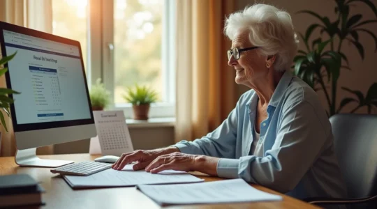 Un senior serein préparant son dossier de retraite avec un calendrier et des documents organisés