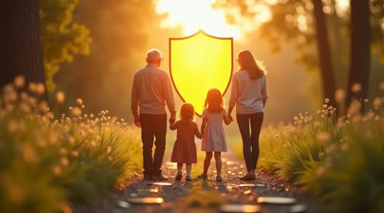 Illustration symbolique représentant un senior et sa famille protégés par un bouclier financier entre deux chemins, l'épargne retraite et la prévoyance