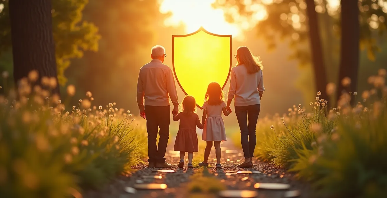 Illustration symbolique représentant un senior et sa famille protégés par un bouclier financier entre deux chemins, l'épargne retraite et la prévoyance