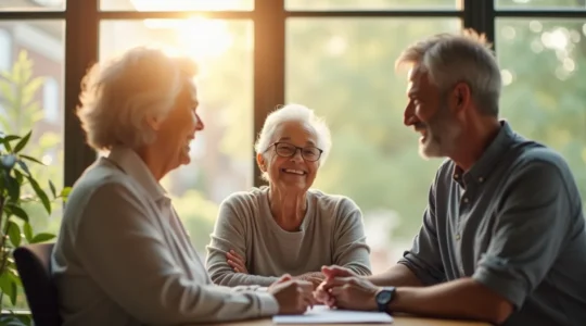 Personnes seniors souriantes en interaction avec un conseiller retraite dans un cadre convivial