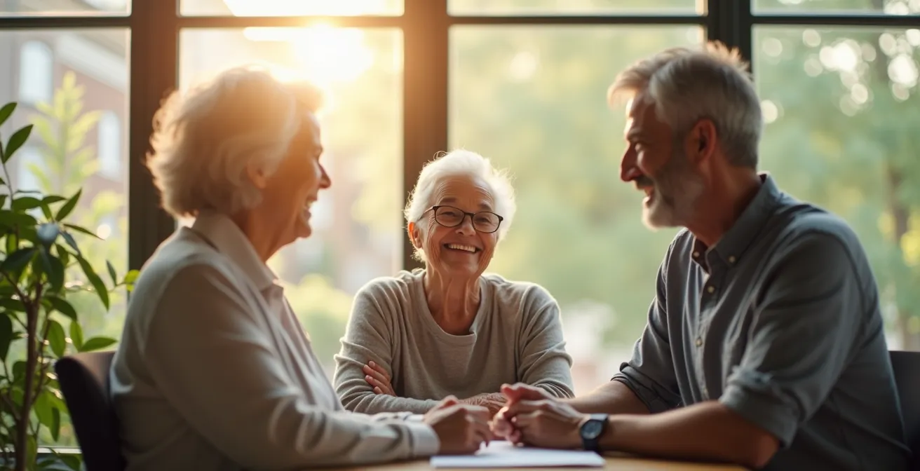 Personnes seniors souriantes en interaction avec un conseiller retraite dans un cadre convivial