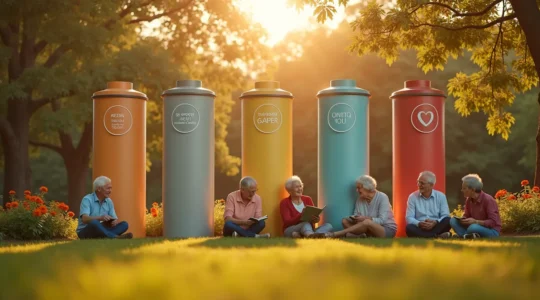 Illustration symbolique représentant une retraite heureuse avec quatre piliers visibles, entourés de seniors épanouis en contexte naturel et chaleureux