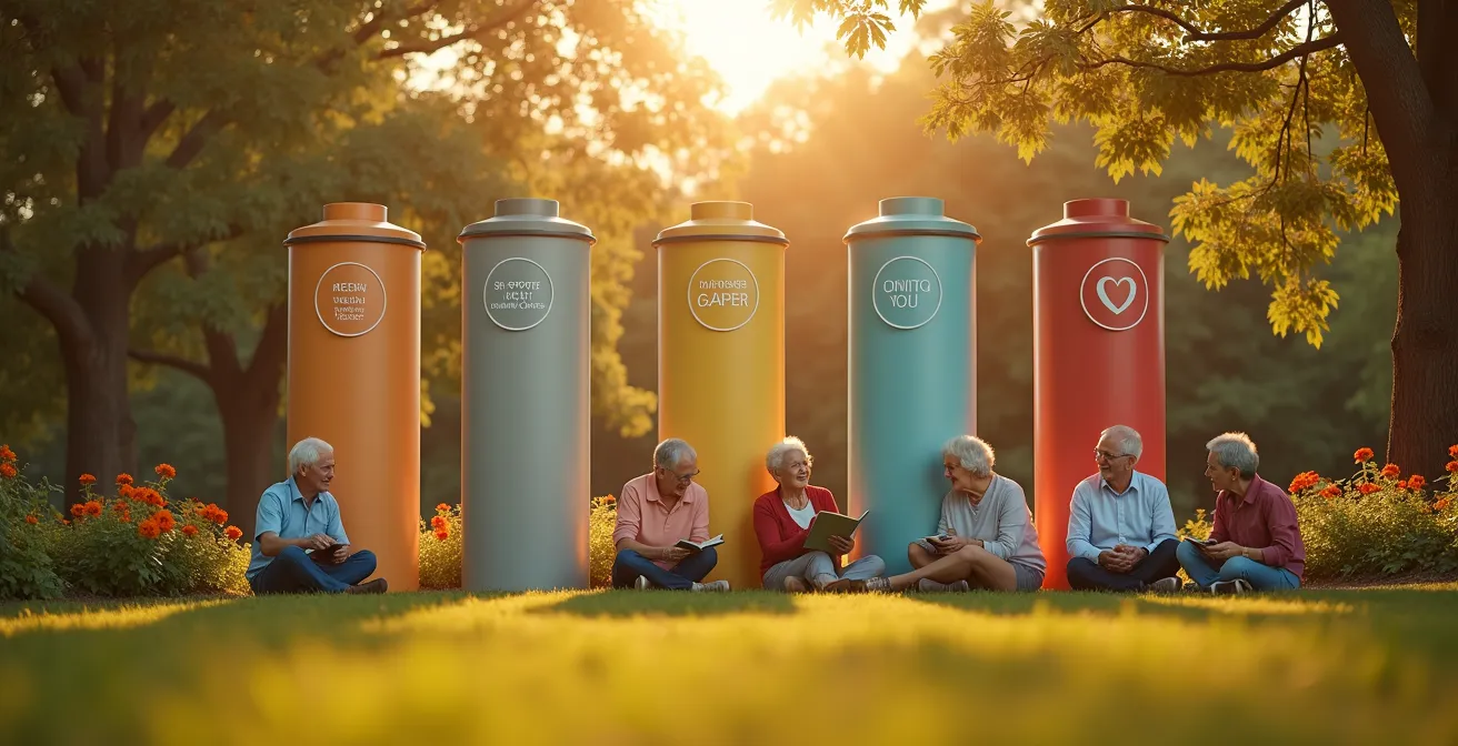 Illustration symbolique représentant une retraite heureuse avec quatre piliers visibles, entourés de seniors épanouis en contexte naturel et chaleureux