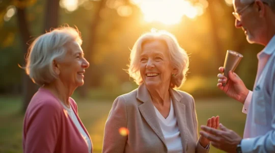 Illustration représentant des seniors actifs et sereins, entourés d'éléments symboliques de soins essentiels pour une retraite en pleine forme