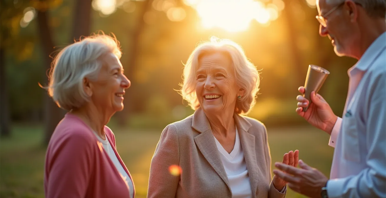Illustration représentant des seniors actifs et sereins, entourés d'éléments symboliques de soins essentiels pour une retraite en pleine forme