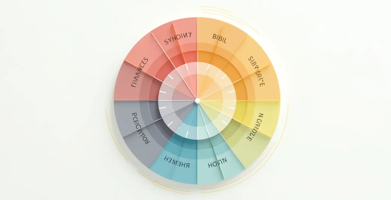 Roue circulaire divisée en huit segments égaux, chacun représentant un domaine de vie (santé, finances, famille, passions, etc.), avec une aiguille indiquant le niveau de satisfaction actuel pour chaque segment.
