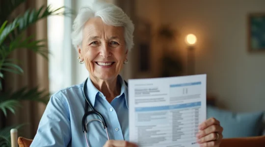 Une personne âgée souriante tenant une fiche de remboursement médical, avec des éléments symboliques de santé, d'argent et de tranquillité d'esprit autour.