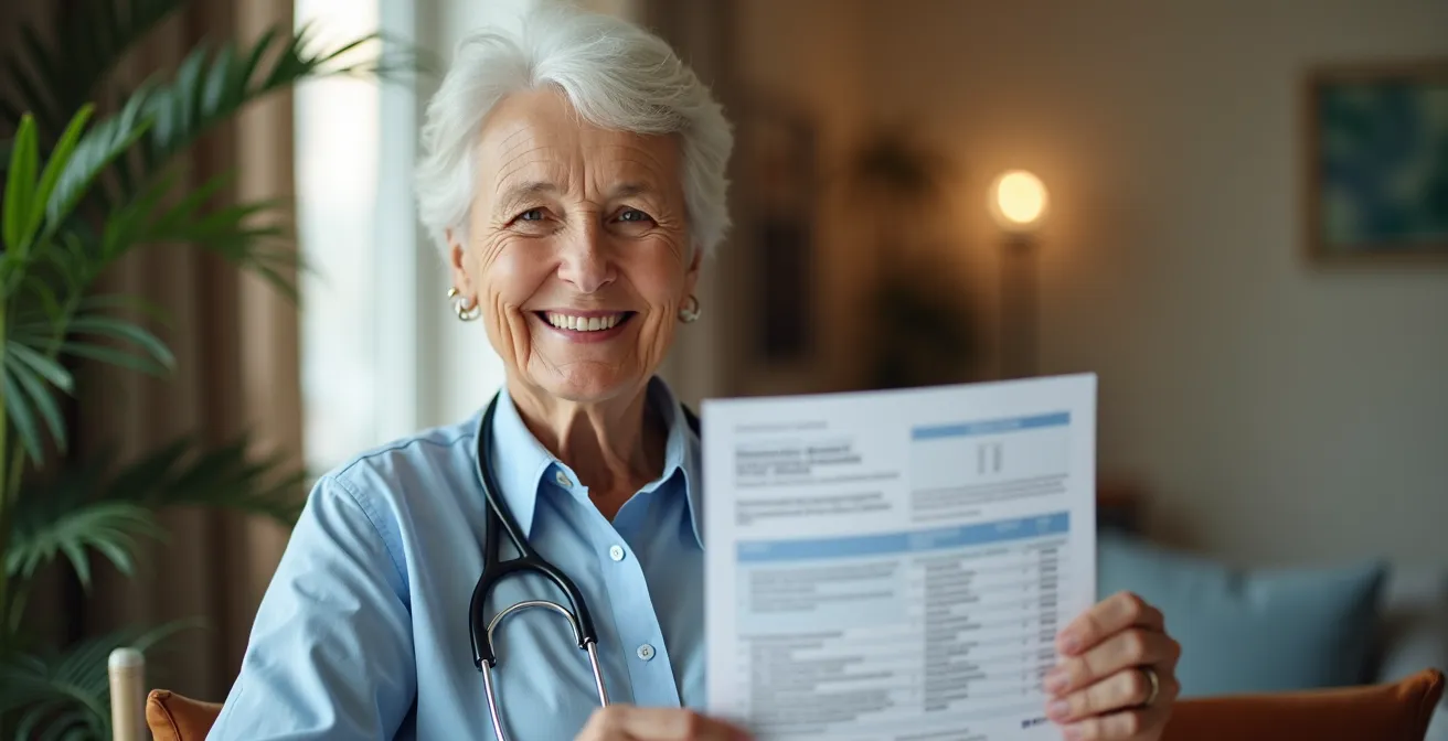 Une personne âgée souriante tenant une fiche de remboursement médical, avec des éléments symboliques de santé, d'argent et de tranquillité d'esprit autour.