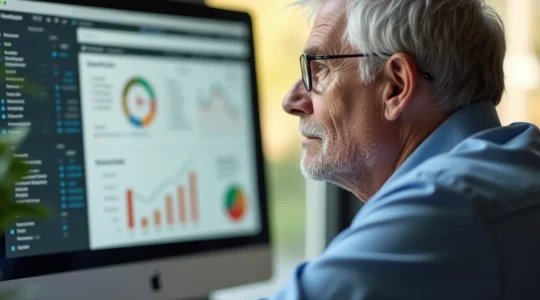 Personne senior réfléchissant devant un ordinateur avec graphiques financiers et éléments symboliques de retraite