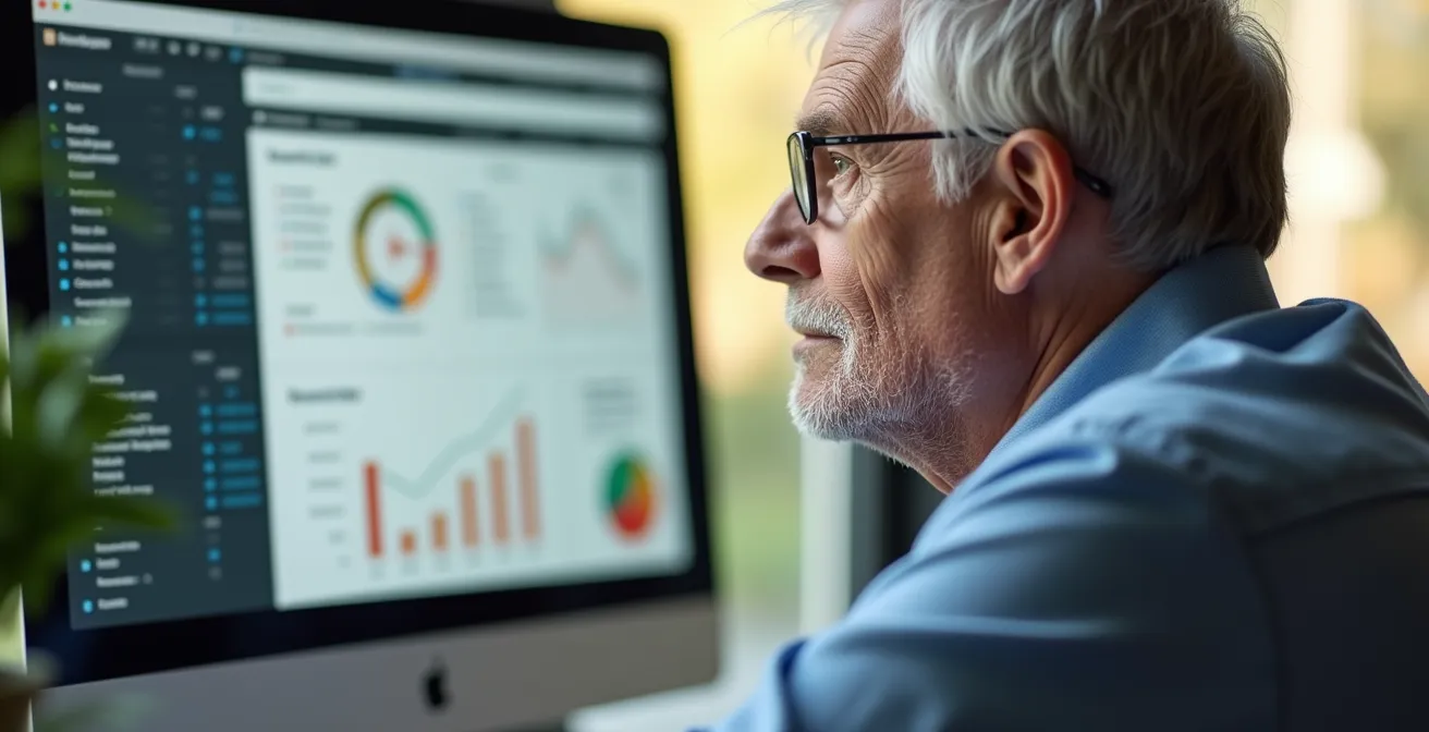 Personne senior réfléchissant devant un ordinateur avec graphiques financiers et éléments symboliques de retraite