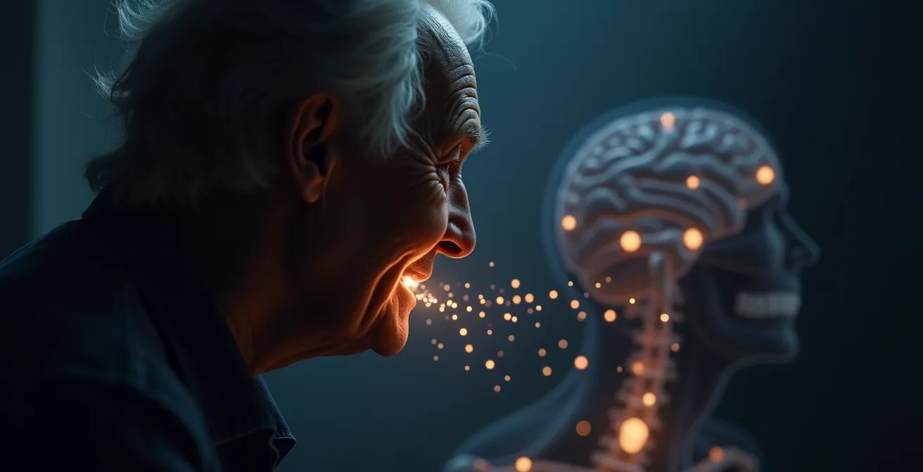 Schéma symbolique illustrant la connexion entre dents, cœur et cerveau chez les seniors
