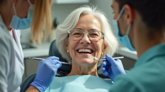 Personne senior souriante recevant des soins dentaires avec un symbole d'économie et de santé financière