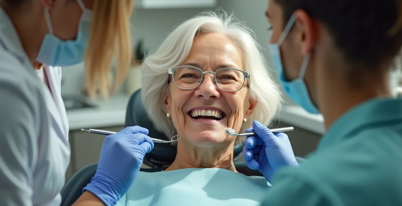 Personne senior souriante recevant des soins dentaires avec un symbole d'économie et de santé financière