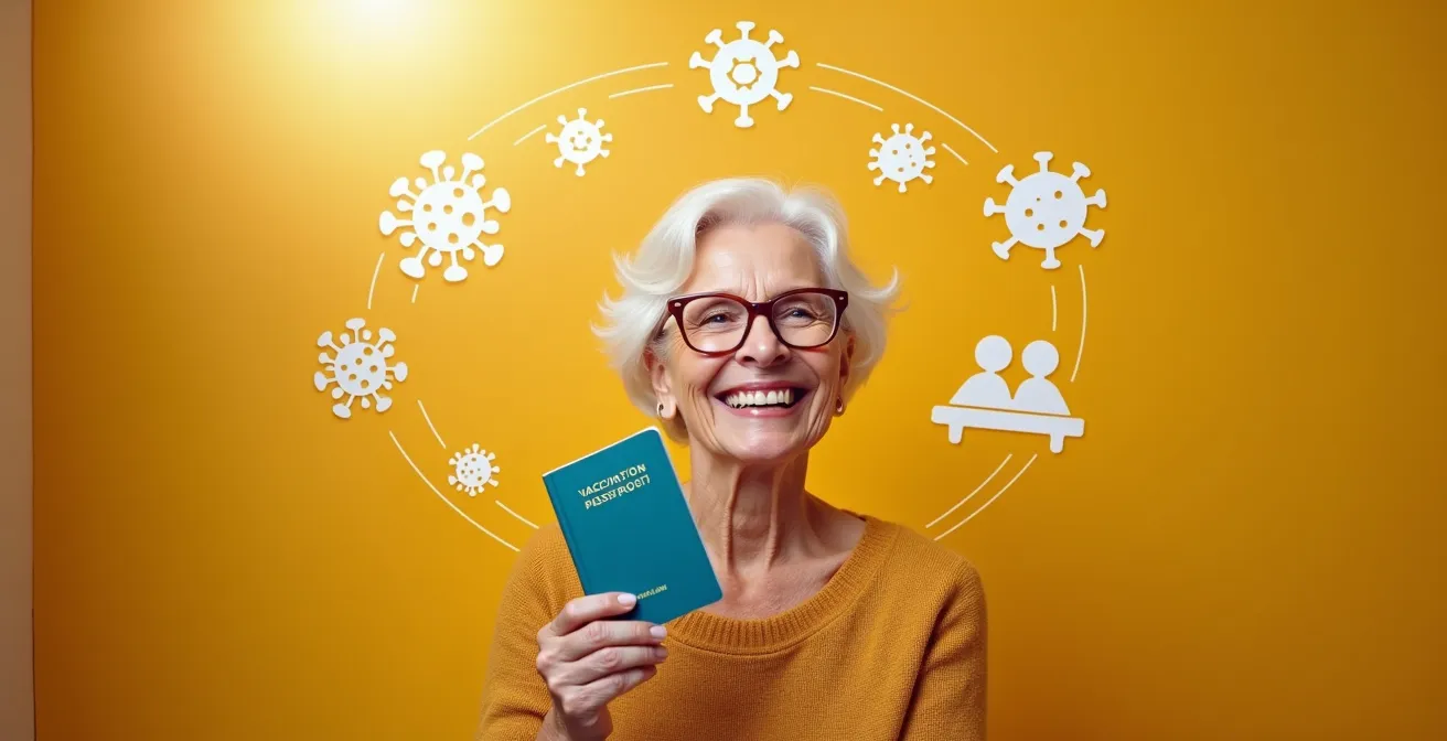 Visuel symbolique montrant un senior souriant avec un 'passeport' vaccinal en main, entouré de petits icônes de virus barrés et d'activités sociales