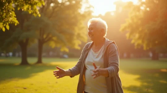 Un senior actif et souriant pratiquant une activité physique en plein air, symbolisant la santé et l'autonomie à un âge avancé