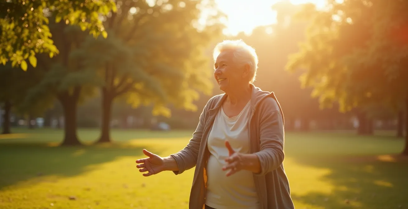 Un senior actif et souriant pratiquant une activité physique en plein air, symbolisant la santé et l'autonomie à un âge avancé