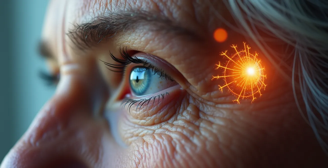 Illustration symbolique montrant un œil et une oreille de senior entourés d'éléments de haute technologie pour la santé auditive et visuelle