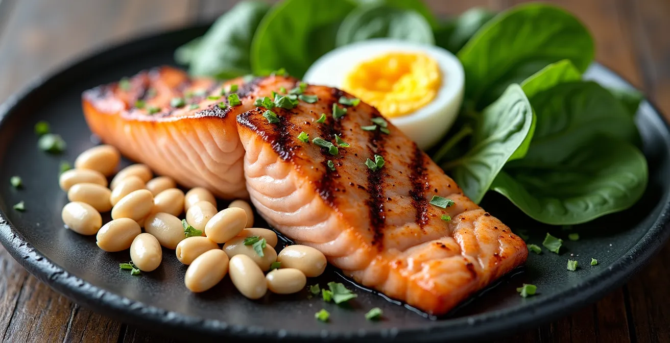 Assiette équilibrée riche en protéines avec poisson, légumineuses et œufs pour lutter contre la sarcopénie