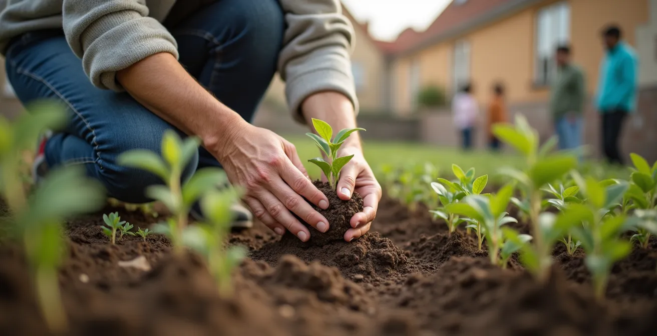 Bénévole senior animant un atelier dans un jardin partagé urbain français